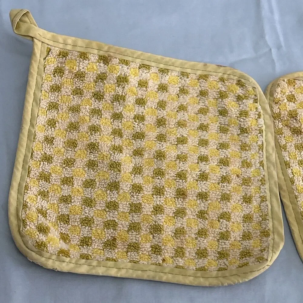 Vintage Cannon USA Cotton Terry Potholders Mustard Checkered 1970’s Distressed